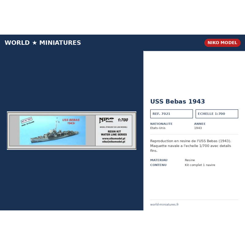 NikoModel 7021 – USS Bebas 1943 (1/700) – Maquette Résine
