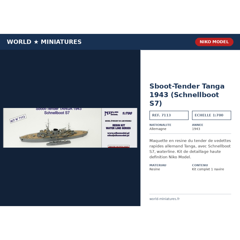 NikoModel 7113 – Sboot Tender Tanga 1943 Schnellboot S7 – 1/700