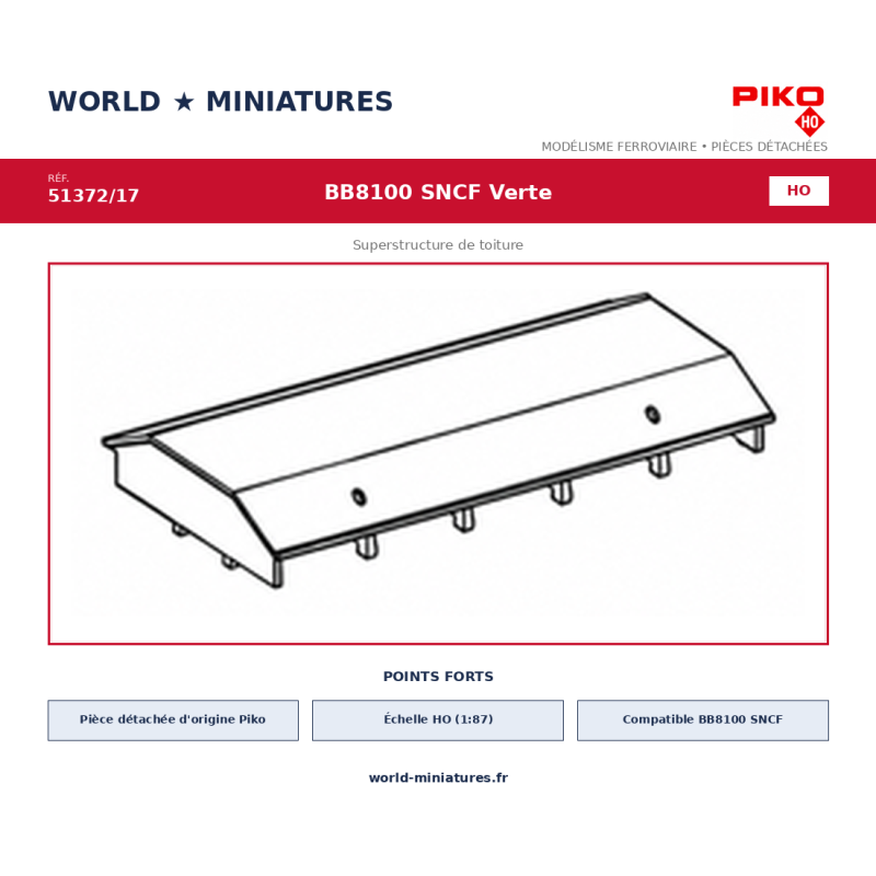 Piko HO 51372/17 – BB8100 SNCF Verte Superstructure de toiture