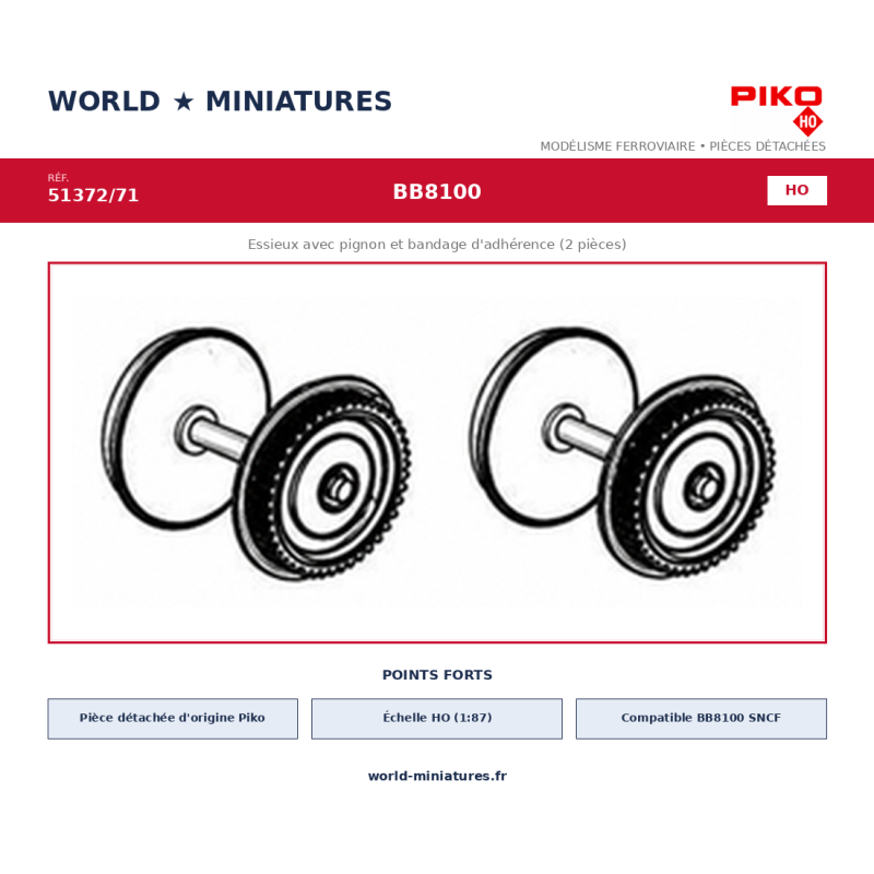Piko HO 51372/71 – BB8100 Essieux avec pignon et bandage d’adhérence (2 pièces)