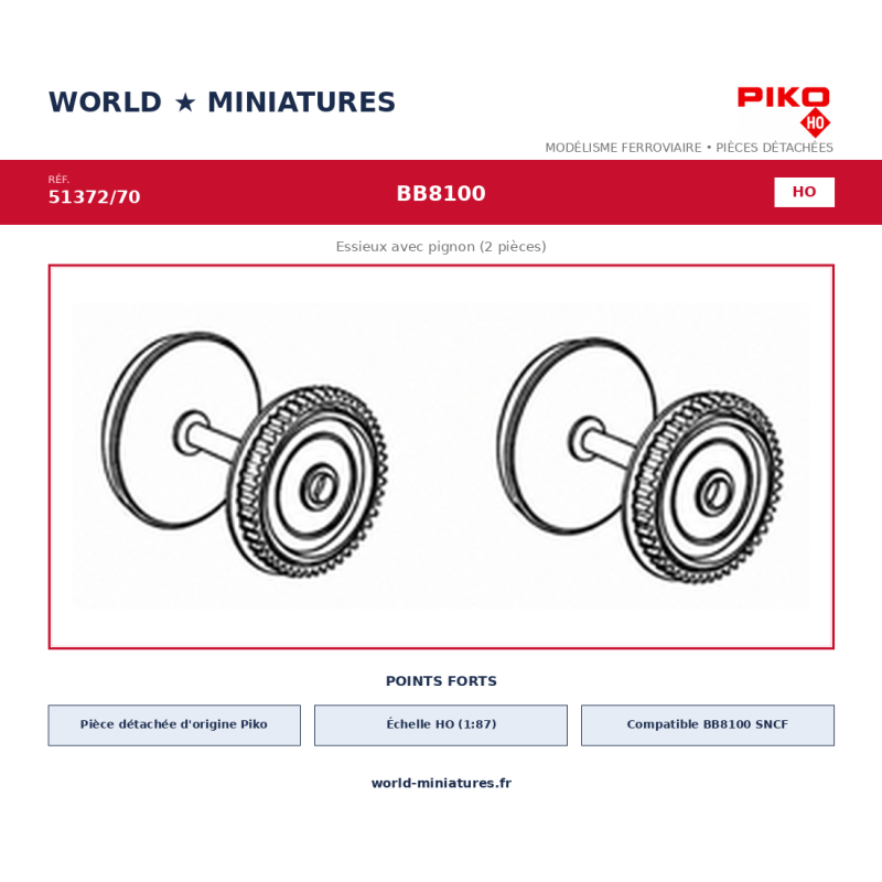 Piko HO 51372/70 – BB8100 Essieux avec pignon (2 pièces)