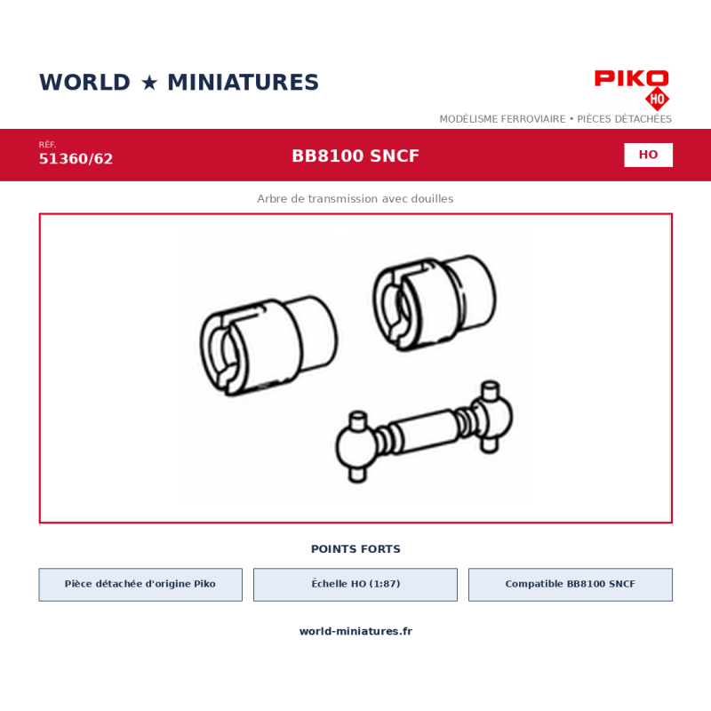 Piko HO 51360/62 – BB 8100 SNCF  Arbre de transmission avec douilles
