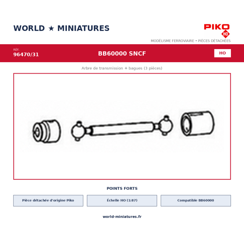 Piko HO 96470/31 – BB60000 SNCF Arbre de transmission + bagues (3 pièces)