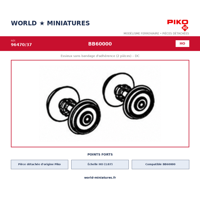 Piko HO 96470/37 – BB60000 Essieux sans bandage d’adhérence (2 pièces) – DC