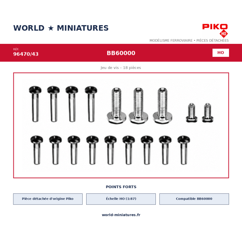 Piko HO 96470/43 – BB60000 Jeu de vis – 18 pièces