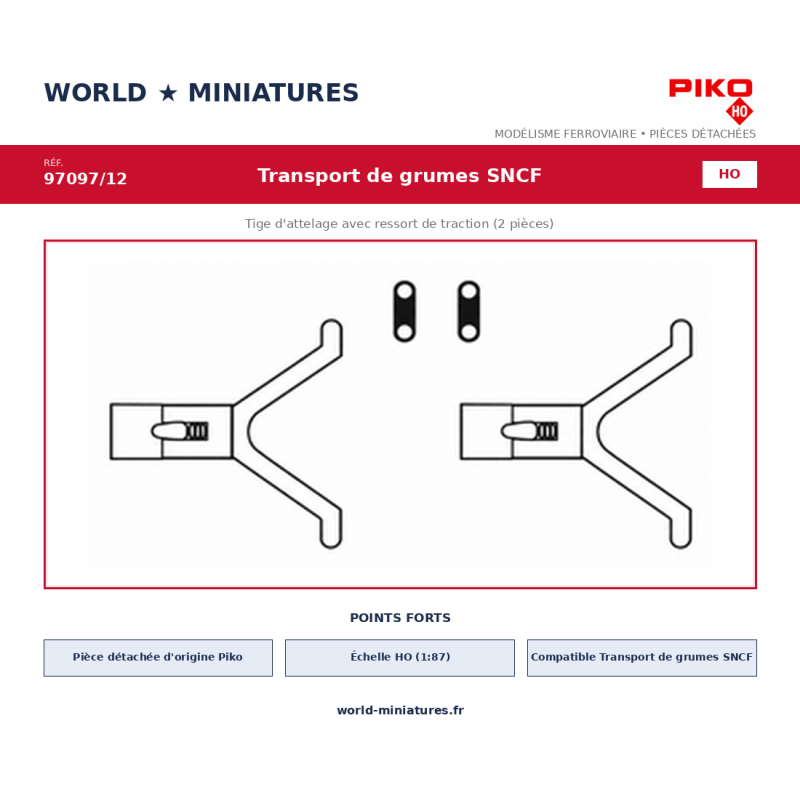 Piko HO 97097/12 – Transport de grumes SNCF Tige d’attelage avec ressort de traction (2 pièces)