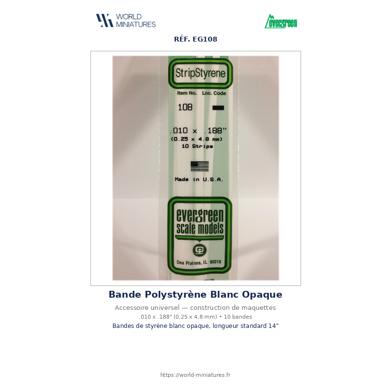 Evergreen EG108 – Bande de polystyrène blanc opaque 0,010" × 0,188"