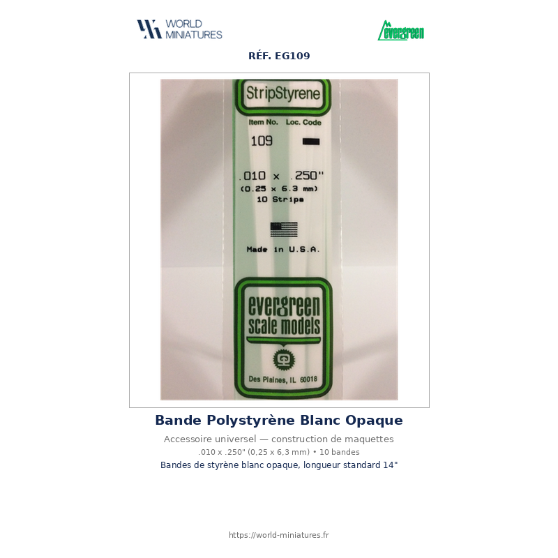 Evergreen EG109 – Bande de polystyrène blanc opaque 0,010" × 0,250"