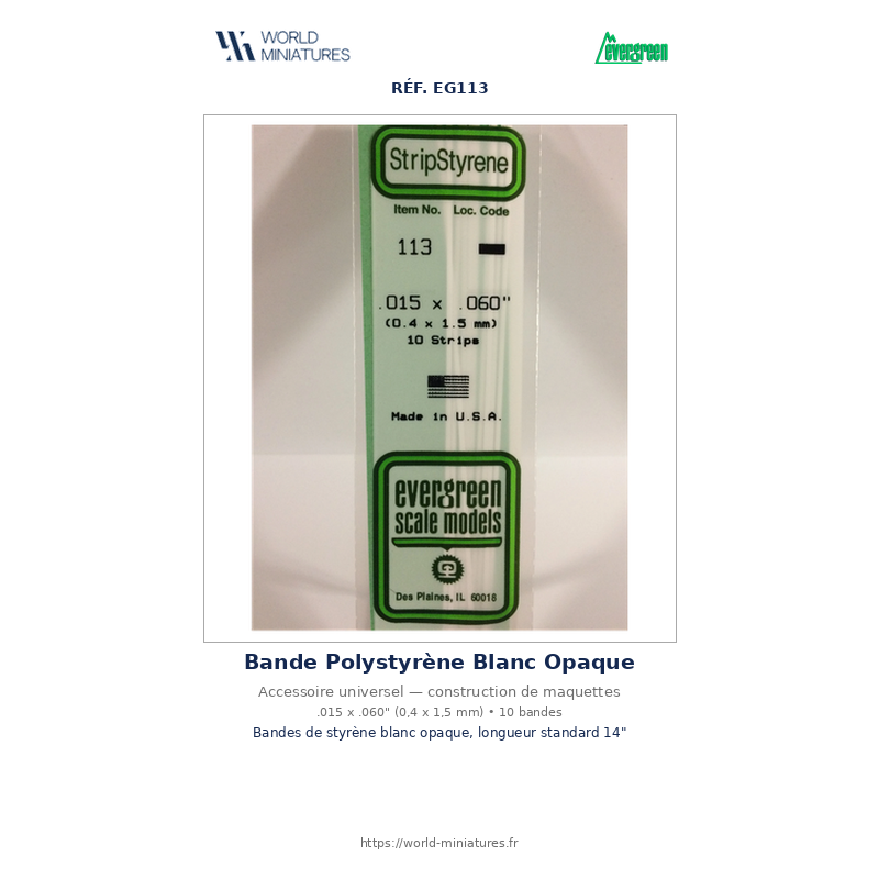 Evergreen EG113 – Bande de polystyrène blanc opaque 0,015" × 0,060"
