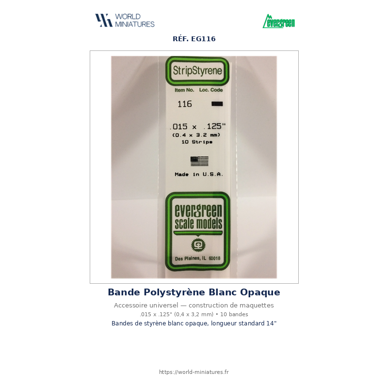 Evergreen EG116 – Bande de polystyrène blanc opaque 0,015" x 0,125"