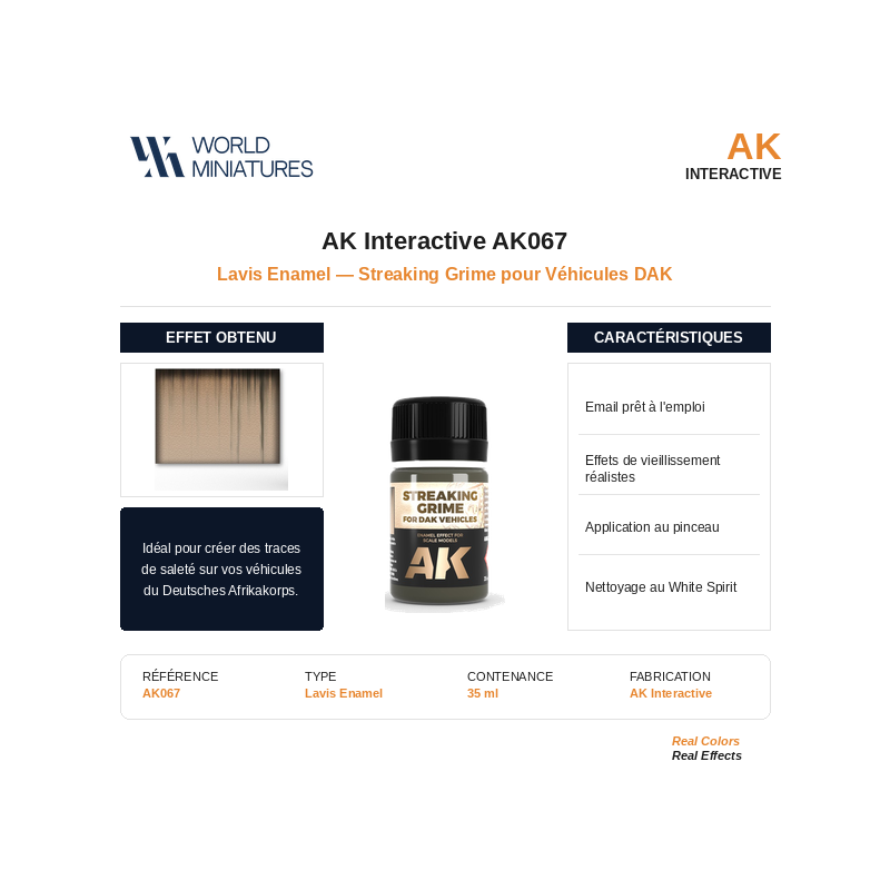 AK Interactive AK067 – Lavis Enamel Filtre Streaking Grime pour véhicules DAK – 35 ml