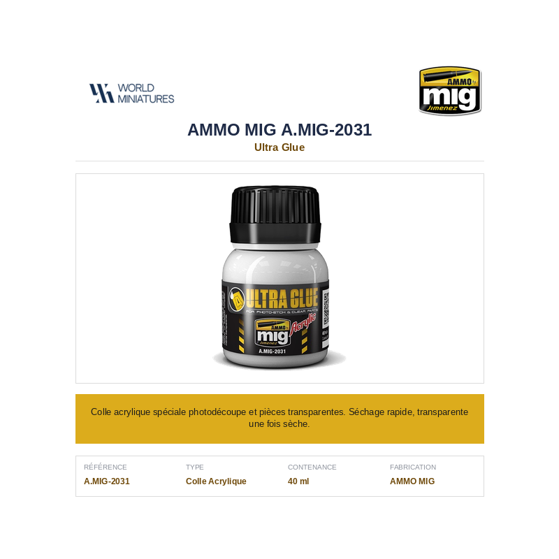 AMMO MIG 2031 – Colle Ultra pour Photo-Découpe et Pièces Transparentes – 40 ml