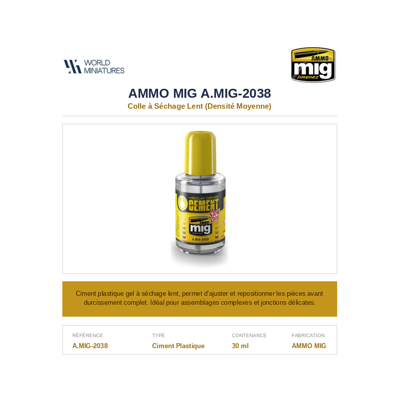 AMMO MIG 2038 – Colle à Séchage Lent – Densité Moyenne – 30 ml