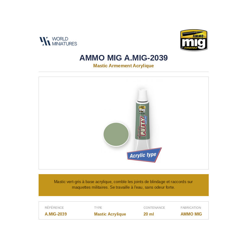 AMMO MIG 2039 – Mastic Acrylique – Mastic Armement – 20 ml