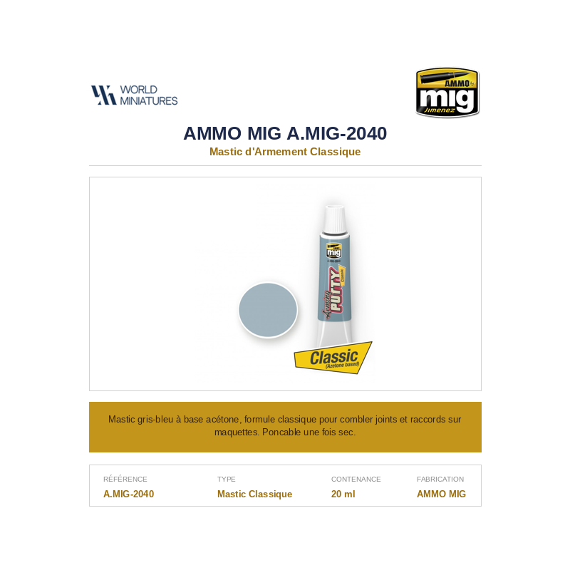 AMMO MIG 2040 – Mastic d’Armement Classique – 20 ml