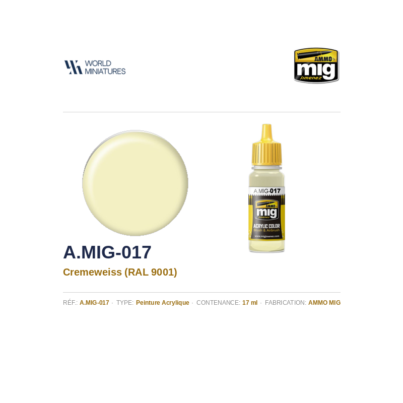 AMMO MIG 017 – RAL 9001 Blanc Crème – 17 ml