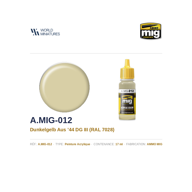 AMMO MIG 012 – RAL 7028 Jaune Foncé de ‘44 DG III – 17 ml