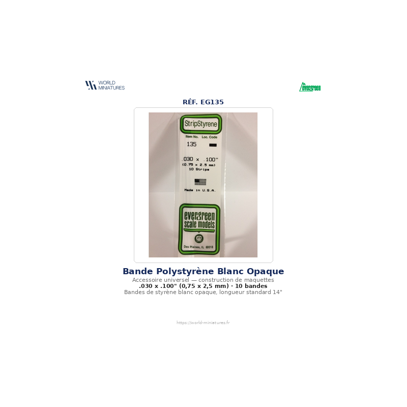 Evergreen EG135 – Bande de polystyrène blanc opaque 0,030" x 0,100"