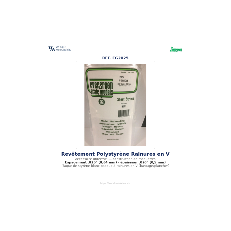 Evergreen EG2025 – Revêtement en polystyrène blanc opaque 0,025" à rainures en V