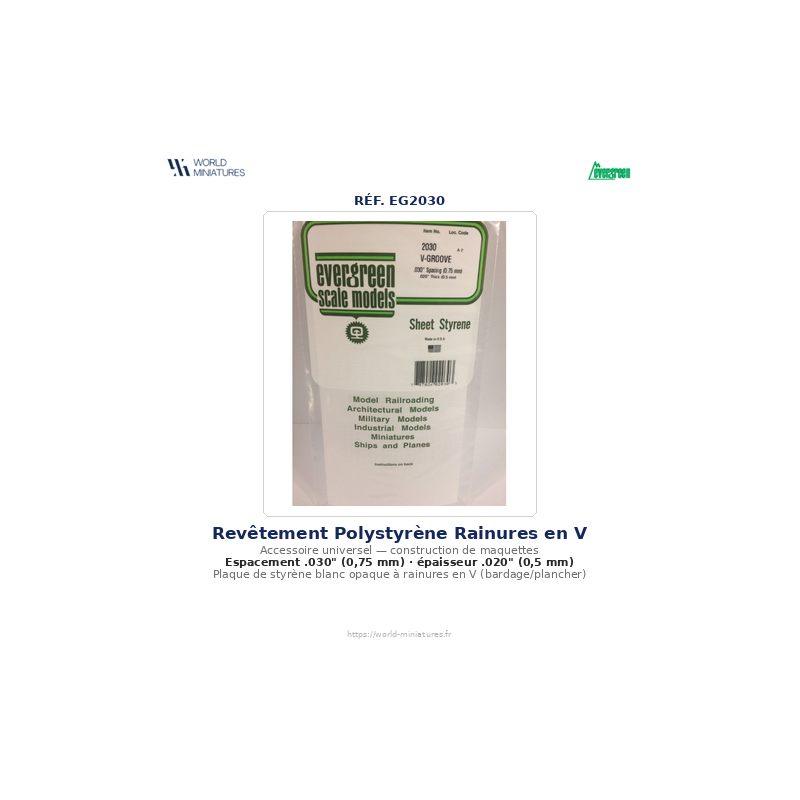 Evergreen EG2030 – Revêtement en polystyrène blanc opaque 0,030" à rainures en V