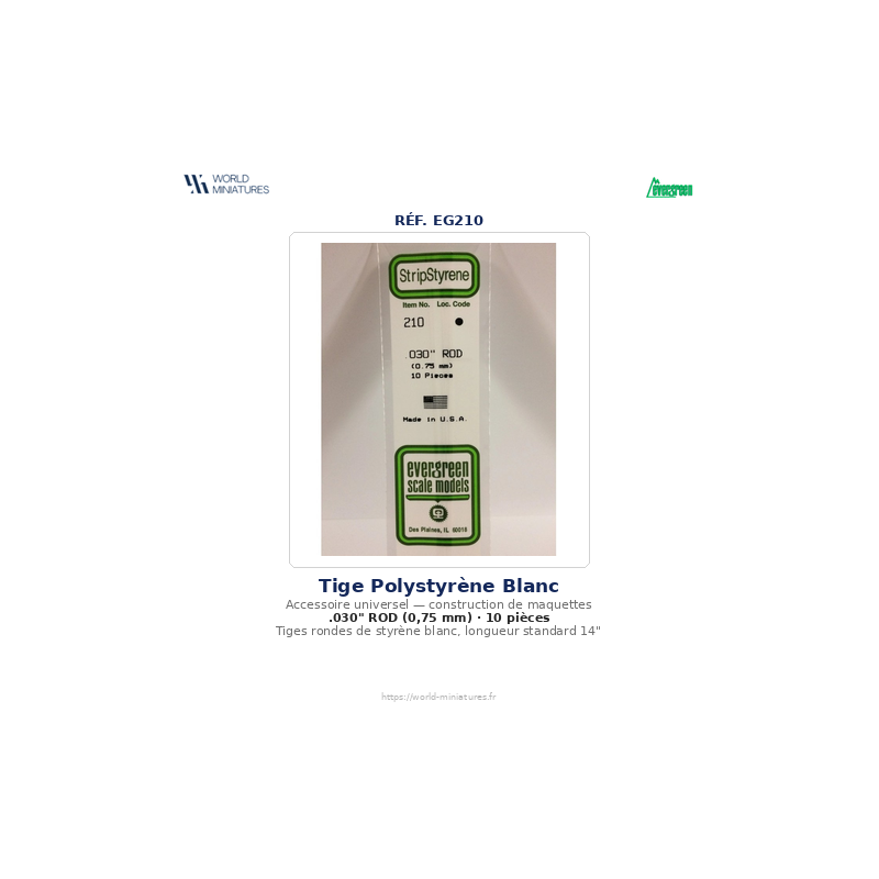 Evergreen EG210 – Tige en polystyrène blanc 0,030" (0,75 mm)