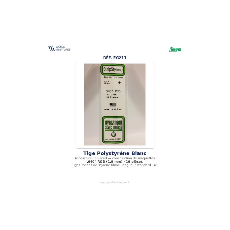 Evergreen EG211 – Tige en polystyrène blanc 0,040" (1,0 mm)