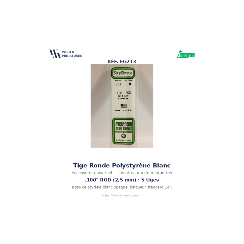 Evergreen EG213 – Tige en polystyrène blanc 0,100" (2,5 mm)