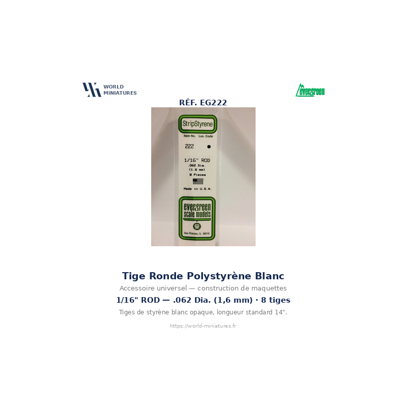 Evergreen EG222 – Tige en polystyrène blanc 1,6 mm (0,062")