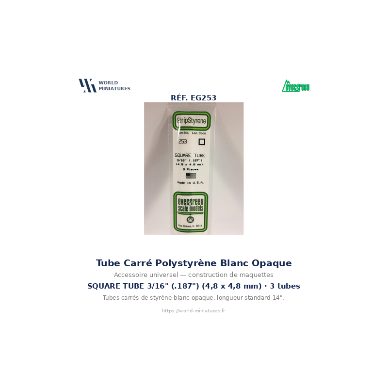 Evergreen EG253 – Tube carré en polystyrène blanc opaque 4,8 mm (0.188")