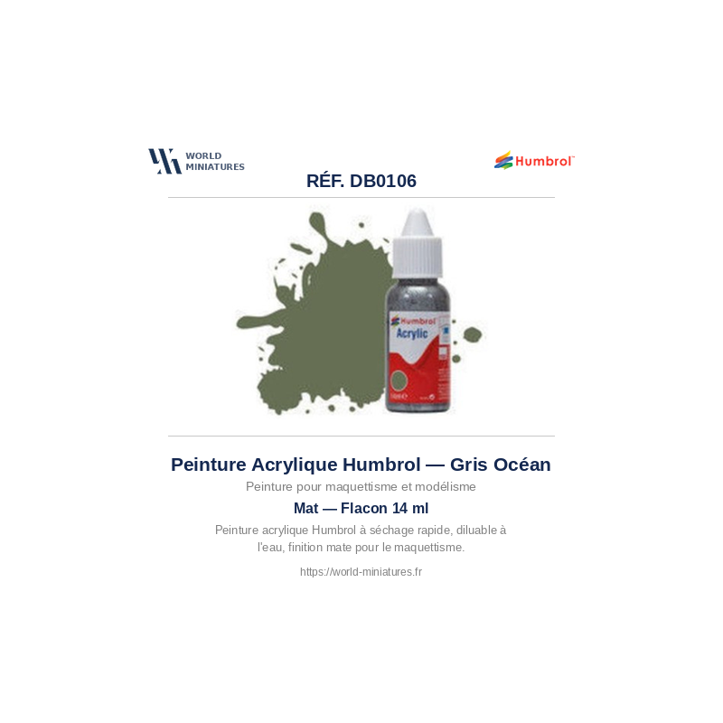 Humbrol  DB0106 – Gris Océan Mat (14ml Peinture Acrylique)