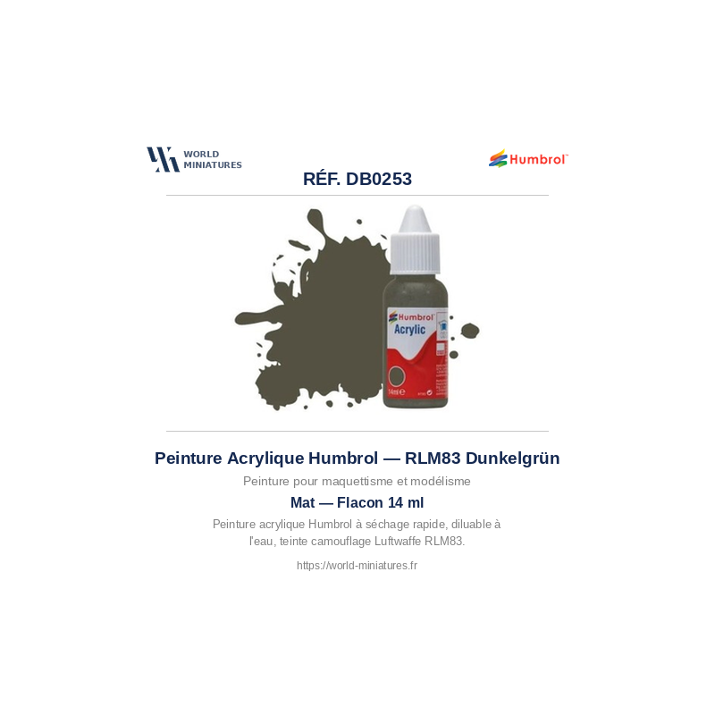 Humbrol DB0253 – RLM83 Dunkelgrün Mat (14ml Peinture Acrylique)