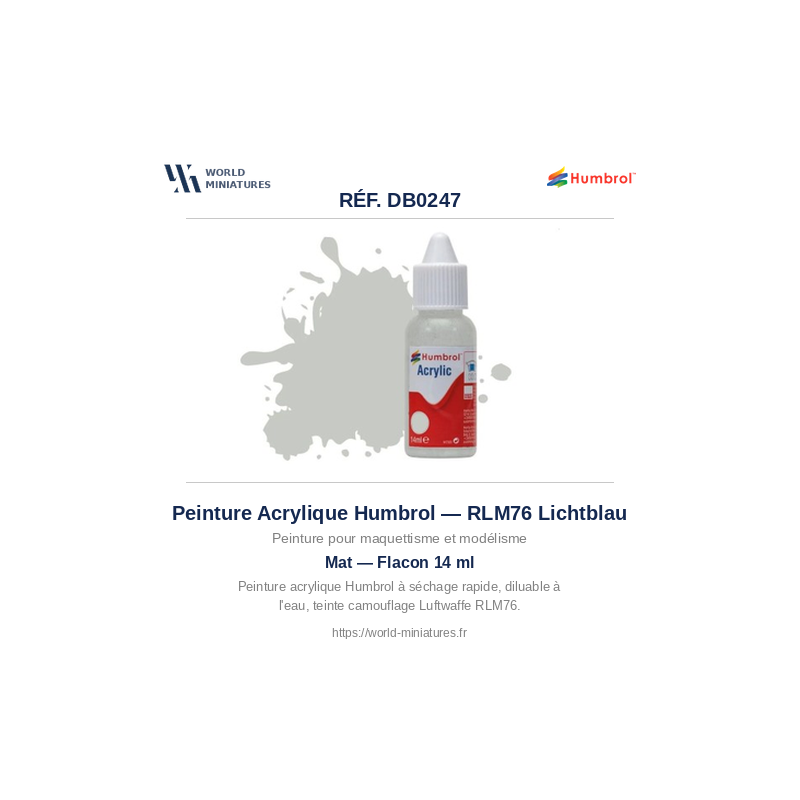 Humbrol DB0247 – RLM 76 Lichtblau Matt (14 ml, Peinture Acrylique)