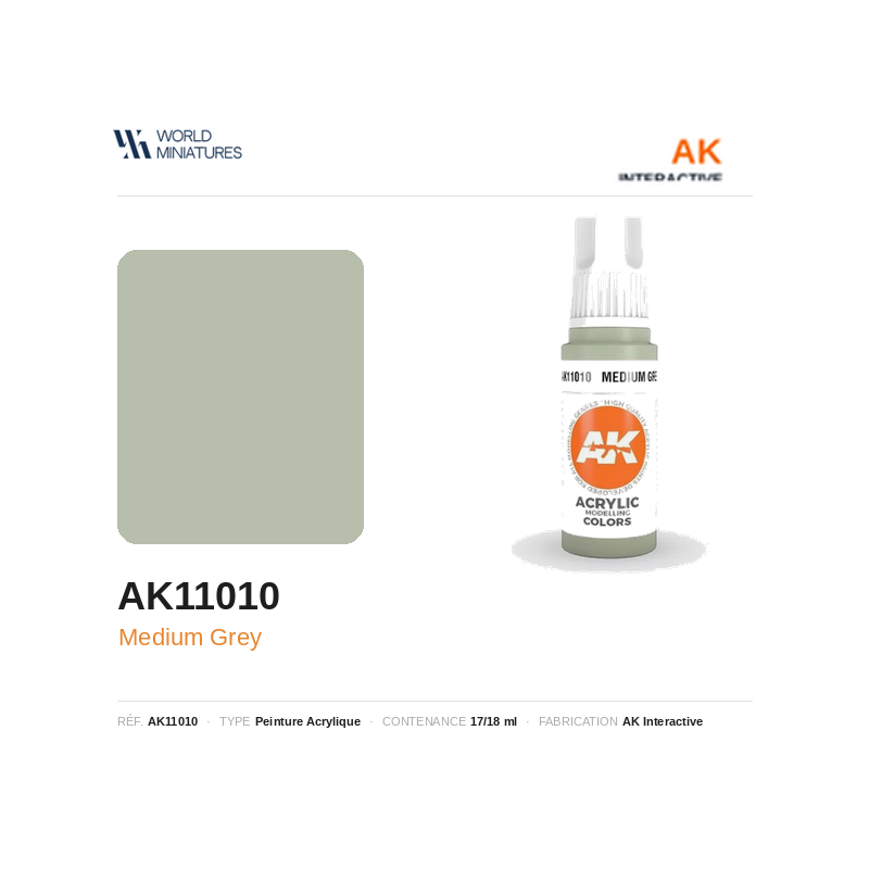 AK Interactive AK11010 – Peinture Acrylique Gris Moyen – Standard– 17 ml