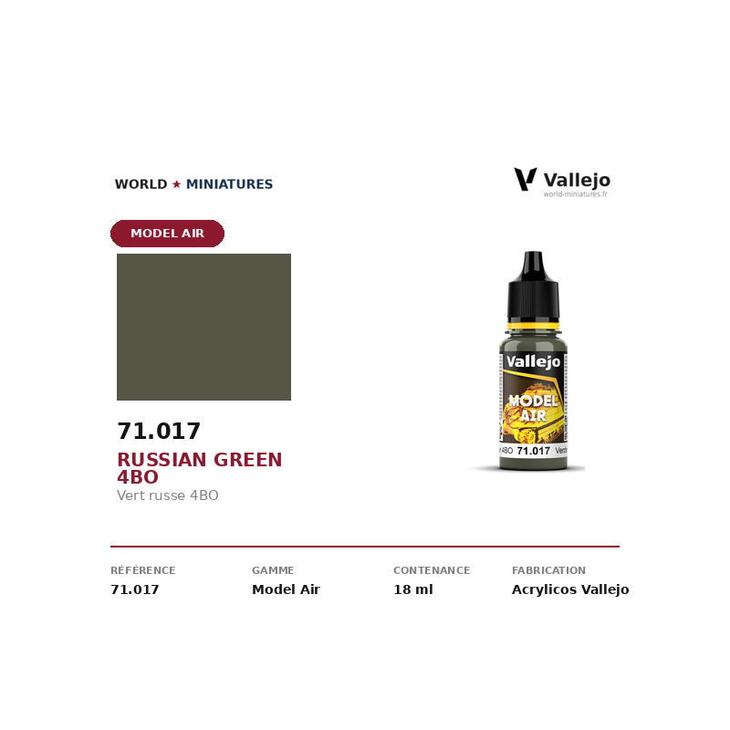 Vallejo 71.017 Vert russe 4BO 18 ml – Peinture Acrylique