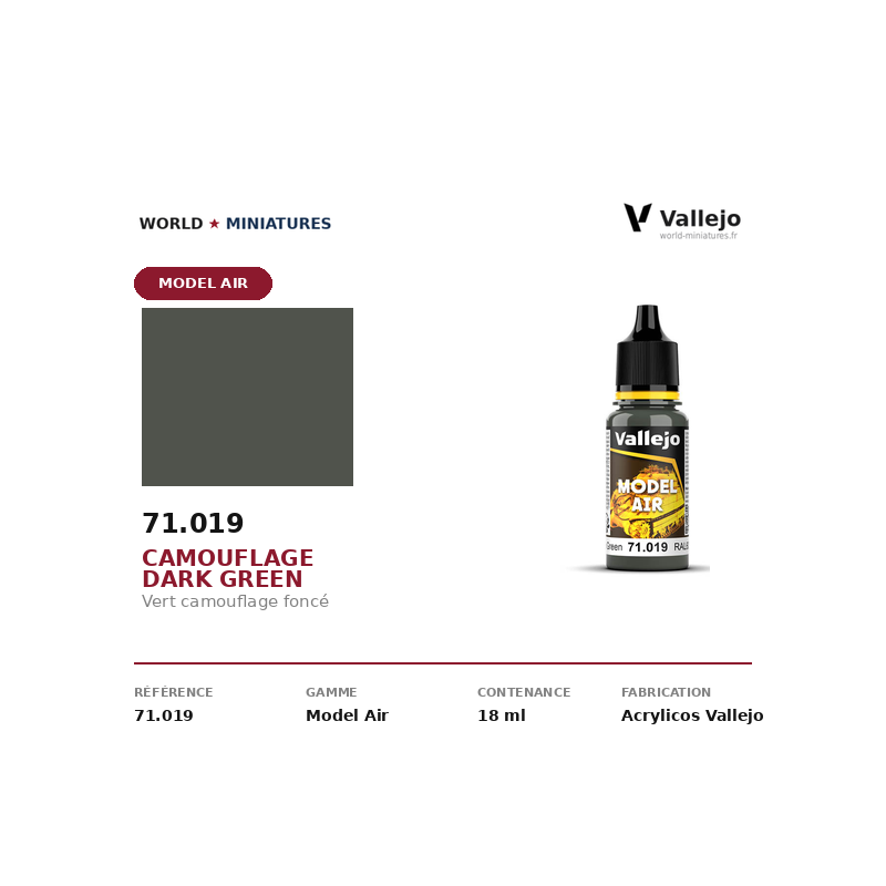Vallejo 71.019 Vert camouflage foncé 18 ml – Peinture Acrylique