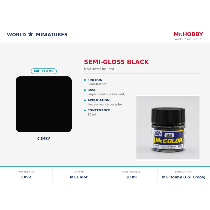 Hobby/Gunze C092 – Noir Semi-Brillant (10 ml)