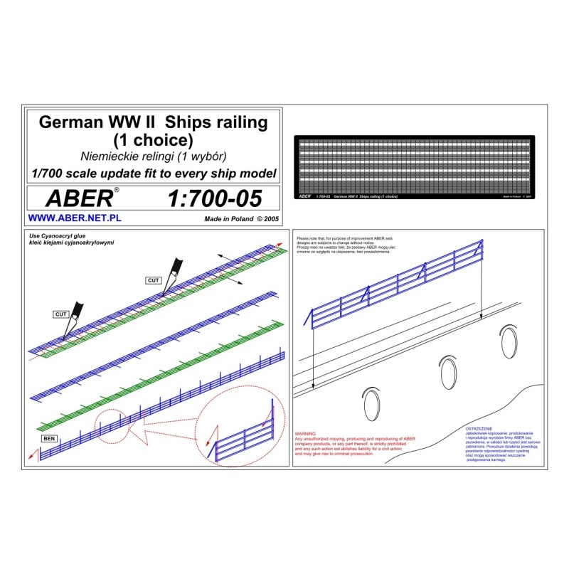 Aber S 1:700-05 – Garde-corps photodécoupés 1/700 pour navires allemands WWII – Laiton