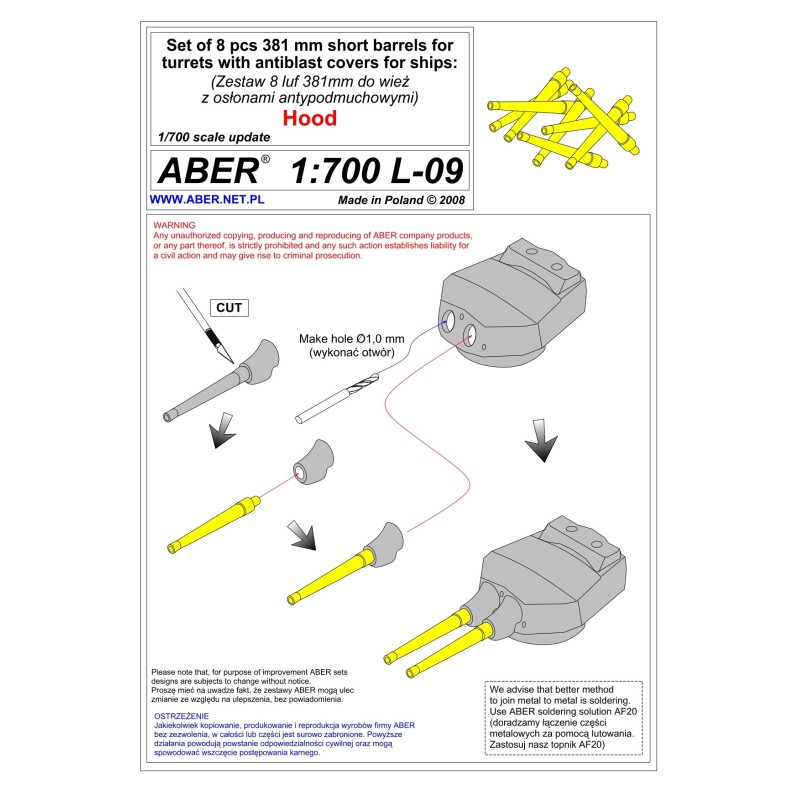 Aber S 1:700 L-009 – Fûts de canons 381 mm (courts) HMS Hood – Laiton tourné