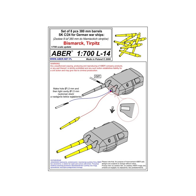 Aber S 1:700 L-014 – Fûts de canons 380 mm Bismarck / Tirpitz – Laiton tourné