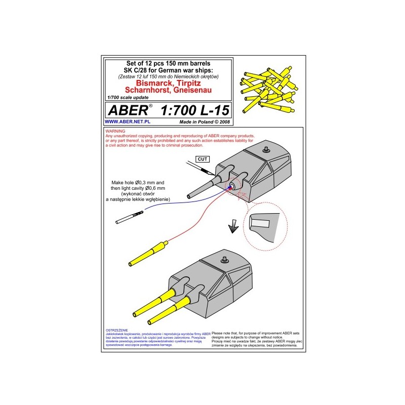Aber S 1:700 L-015 – Fûts de canons 150 mm Marine allemande – Laiton tourné