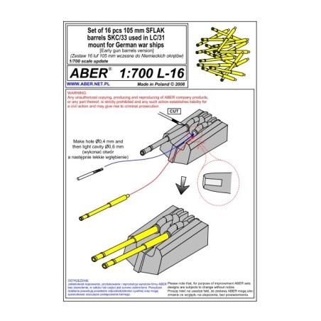 Aber S 1:700 L-016 – Fûts de canons 105 mm SK C/33 Kriegsmarine – Laiton tourné