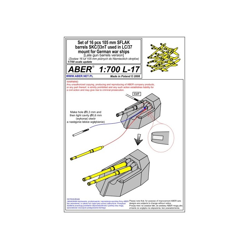 Aber S 1:700 L-017 – Fûts de canons 105 mm SK C/33nt Kriegsmarine – Laiton tourné