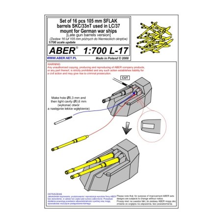 Aber S 1:700 L-017 – Fûts de canons 105 mm SK C/33nt Kriegsmarine – Laiton tourné