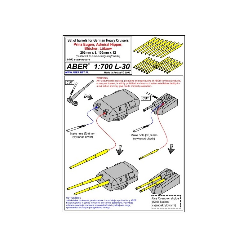 Aber S 1:700 L-030 – Fûts de canons 203 mm croiseur Prinz Eugen – Laiton tourné