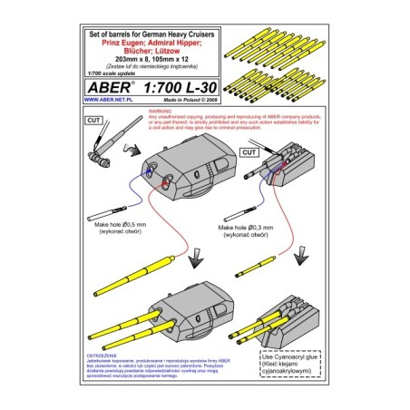 Aber S 1:700 L-030 – Fûts de canons 203 mm croiseur Prinz Eugen – Laiton tourné