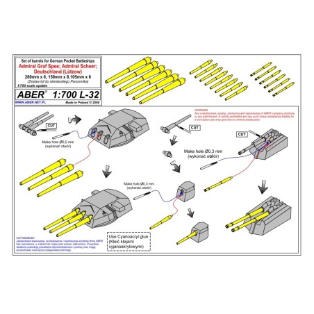 Aber S 1:700 L-032 – Fûts de canons cuirassé de poche Admiral Graf Spee – Laiton tourné