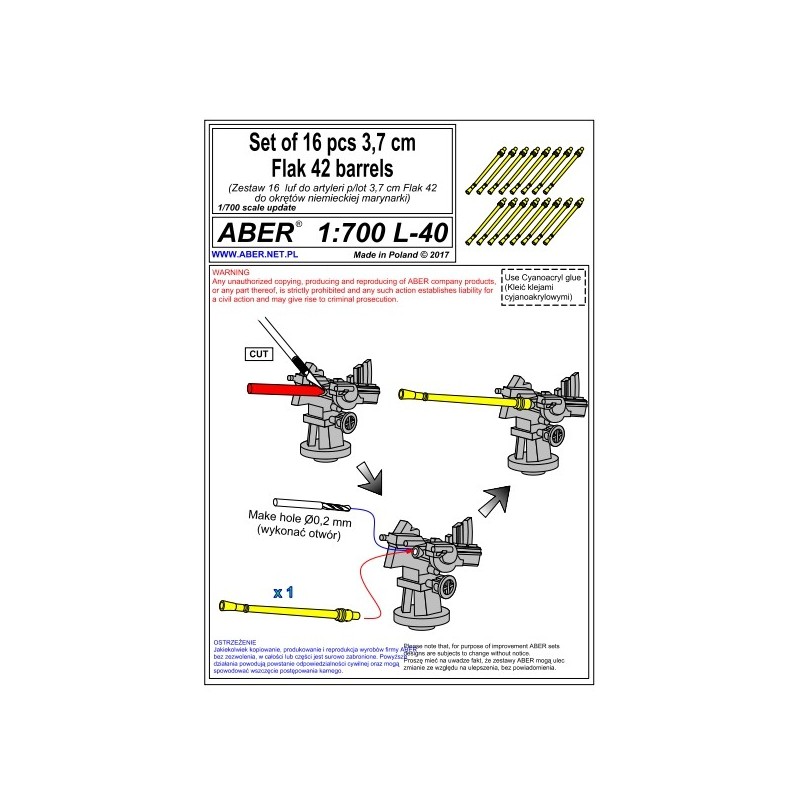 Aber S 1:700 L-040 – Fûts de canons 3,7 cm Flak 42 Kriegsmarine – Laiton tourné