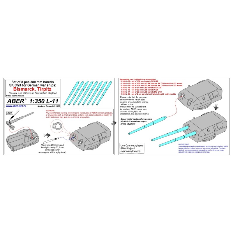 Aber S 1:350 L-011 – Canons de 380 mm pour navires allemands (Bismarck / Tirpitz) – Laiton tourné