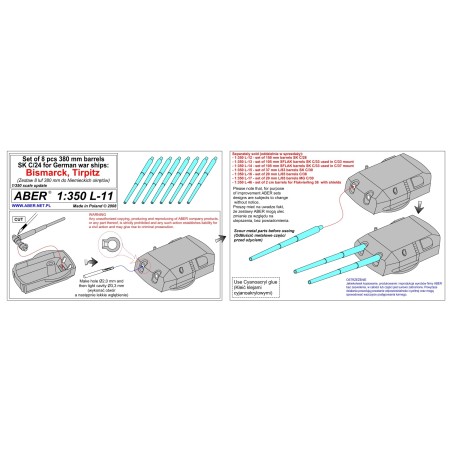 Aber S 1:350 L-011 – Canons de 380 mm pour navires allemands (Bismarck / Tirpitz) – Laiton tourné