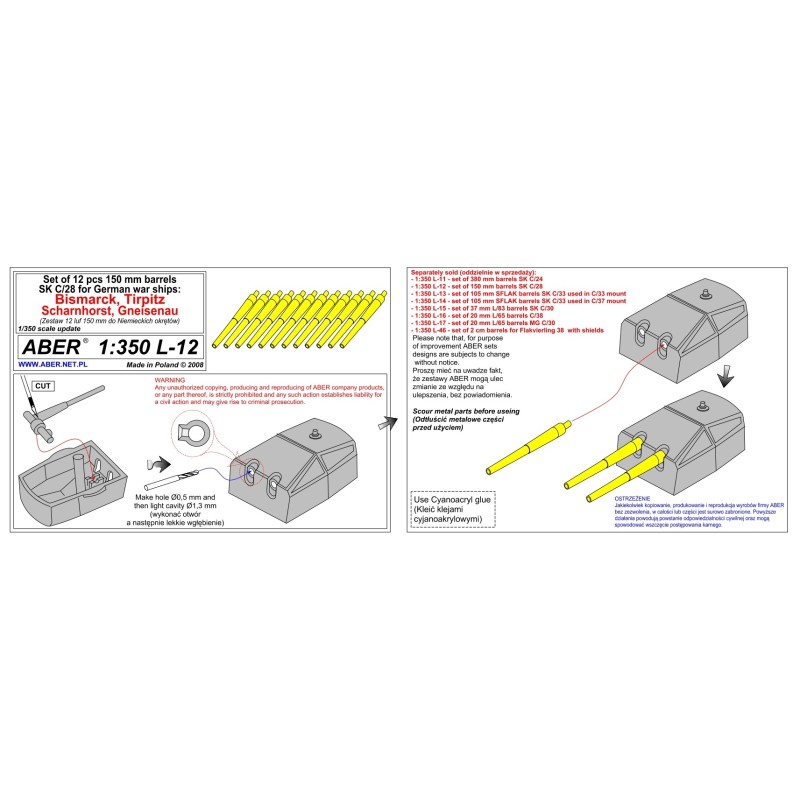 Aber S 1:350 L-012 – Canons de 150 mm pour navires allemands (Bismarck / Scharnhorst) – Laiton tourné